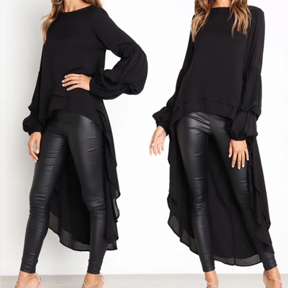 NWOT! Black, Hi-Lo, layered, balloon sleeve blouse CHINESE SIZE 4X (US XL)